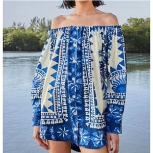 Farm Rio Blue White Geometric Floral Off Shoulder Button Down Tunic Top NWT L